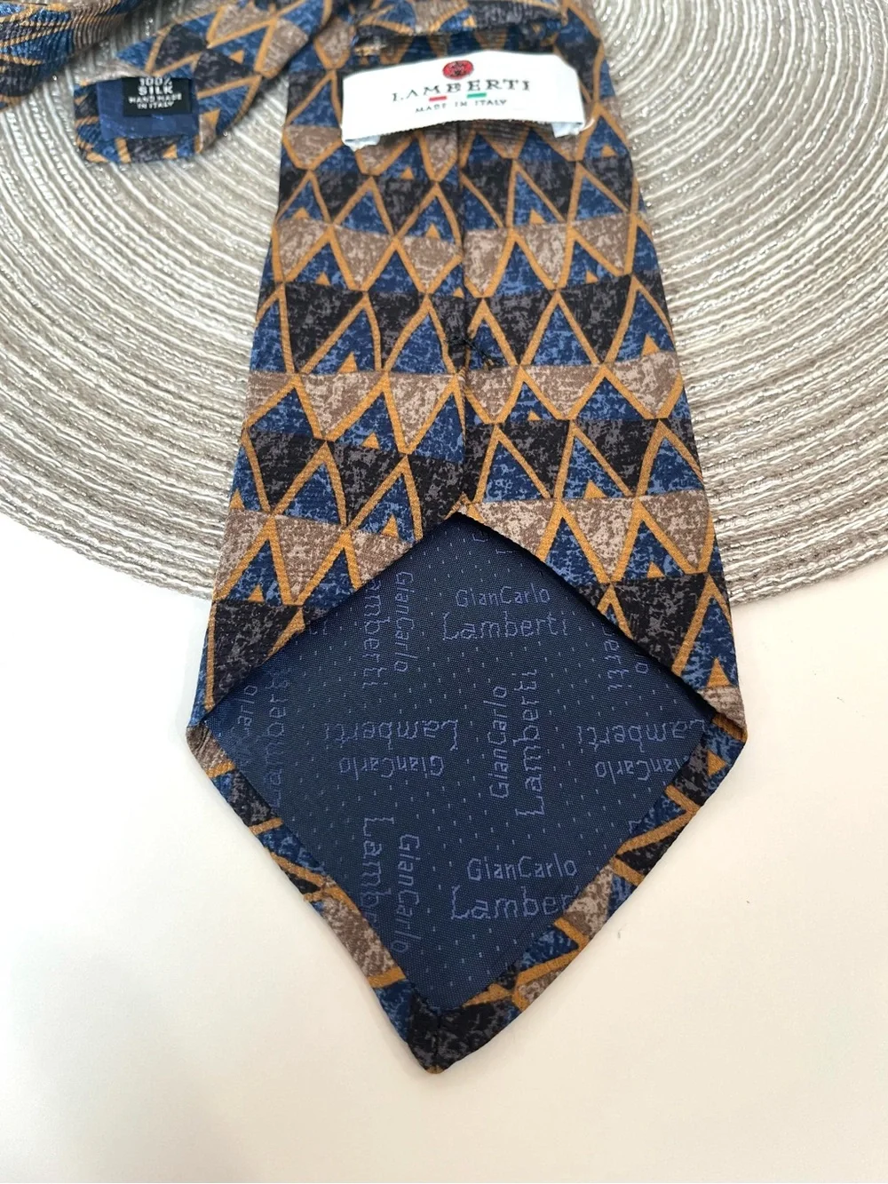 VTG LAMBERTI Silk 100% Necktie Hand Made in Italy Blue Gold Abstract Print